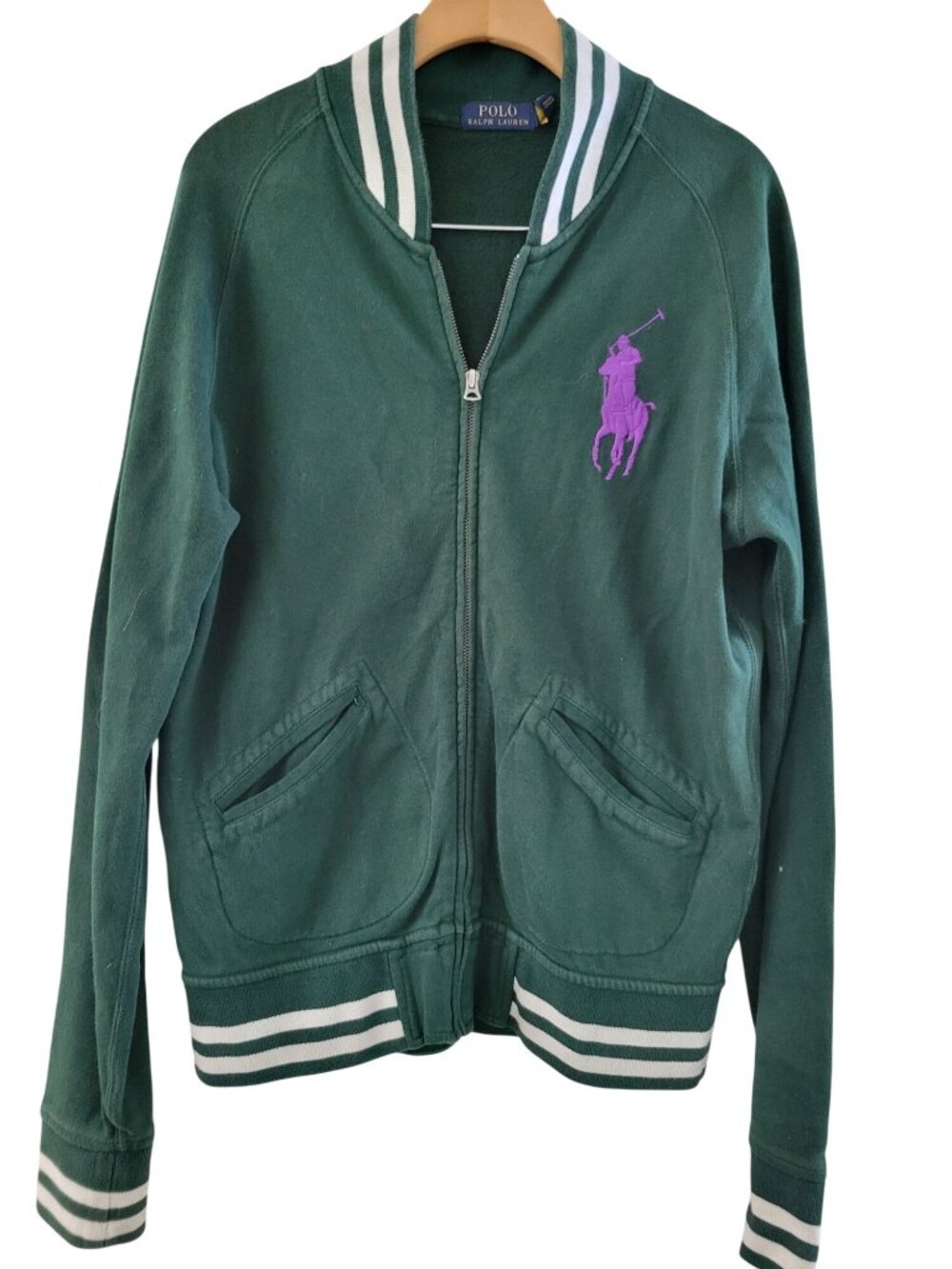 Polo Ralph Lauren Mens Green Track Jacket Medium Purple Big Pony Varsity Bomber